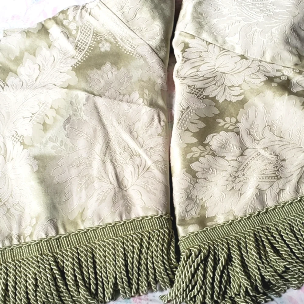 2 Beautiful Green Jacquard Valances w/ Heavy Trim
